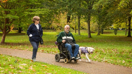 Visitors exploring the park with their service dog at Petworth, West Sussex